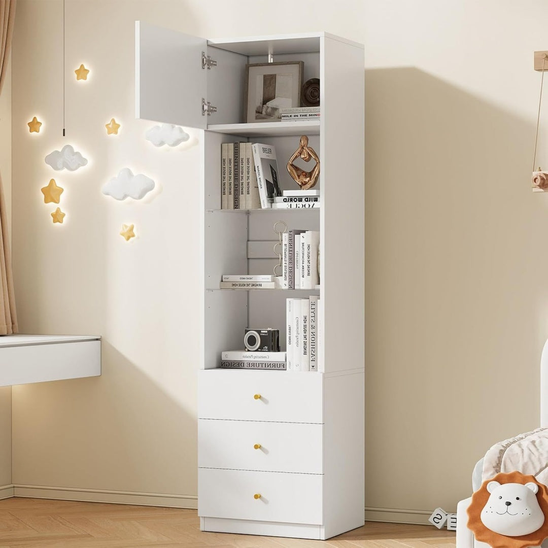 Un espace mieux organise grace a ce commode avec tiroirs, avec portes, finition blanc et naturel