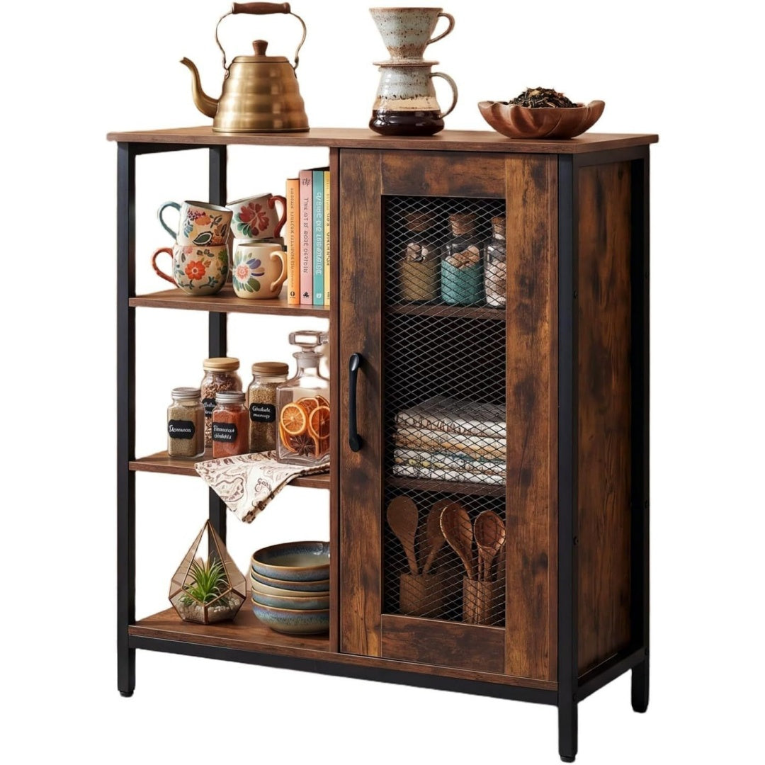 Une silhouette equilibree pour ce buffet avec portes, avec etageres, teinte marron et naturel