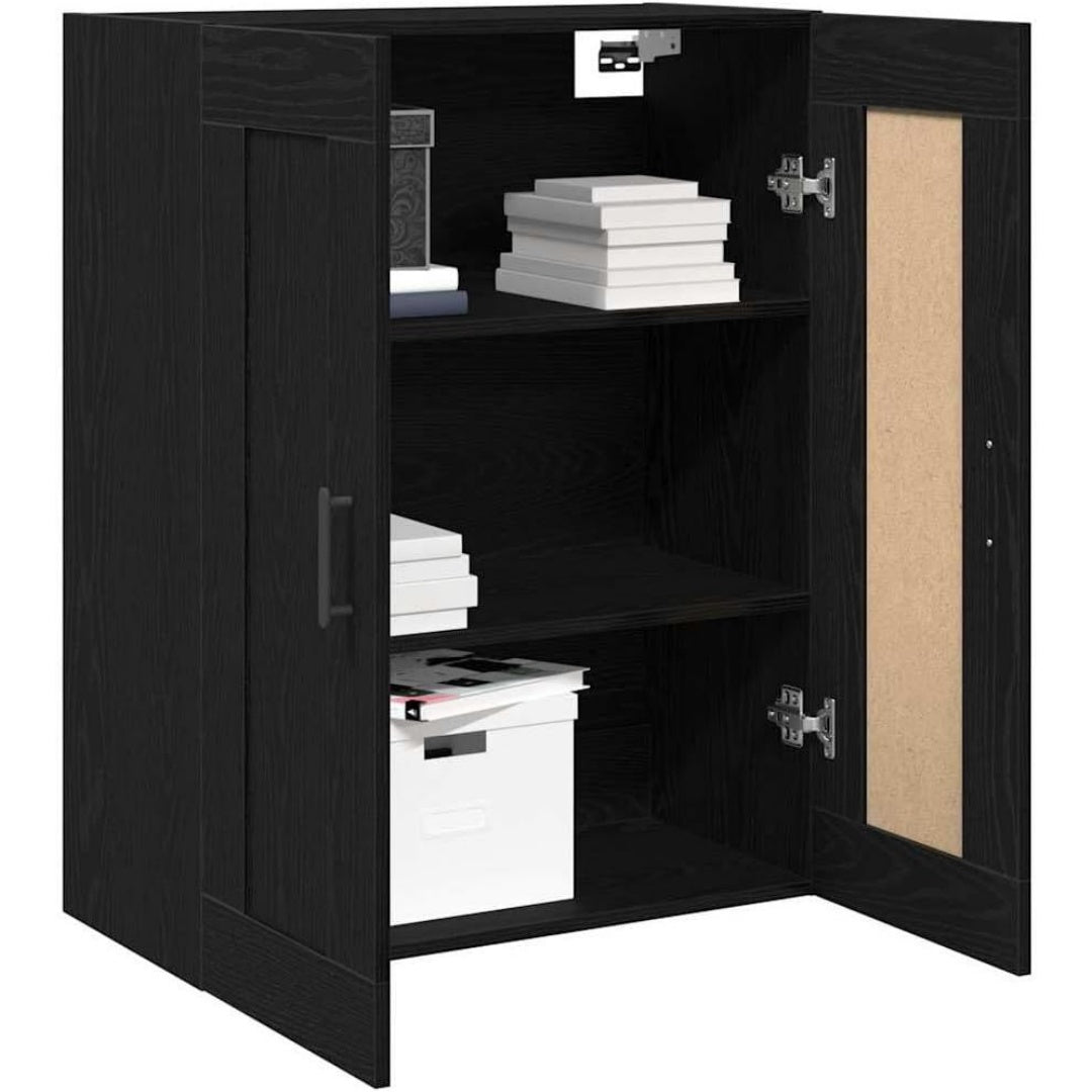 Une touche de caractere, bibliotheque avec portes, avec etageres dans un ton noir et chene