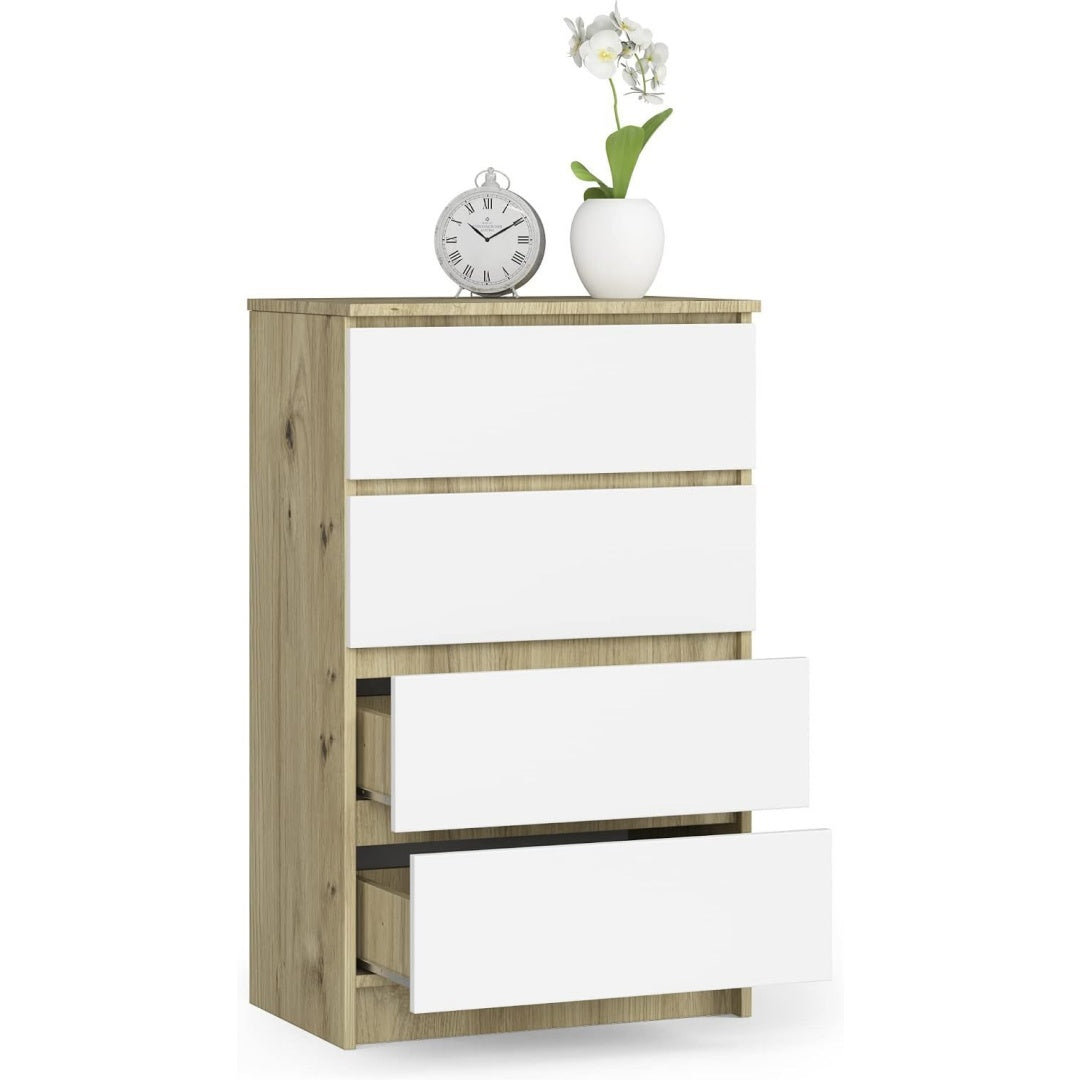 Une silhouette equilibree pour ce buffet avec tiroirs, aux accents metalliques, teinte blanc et chene