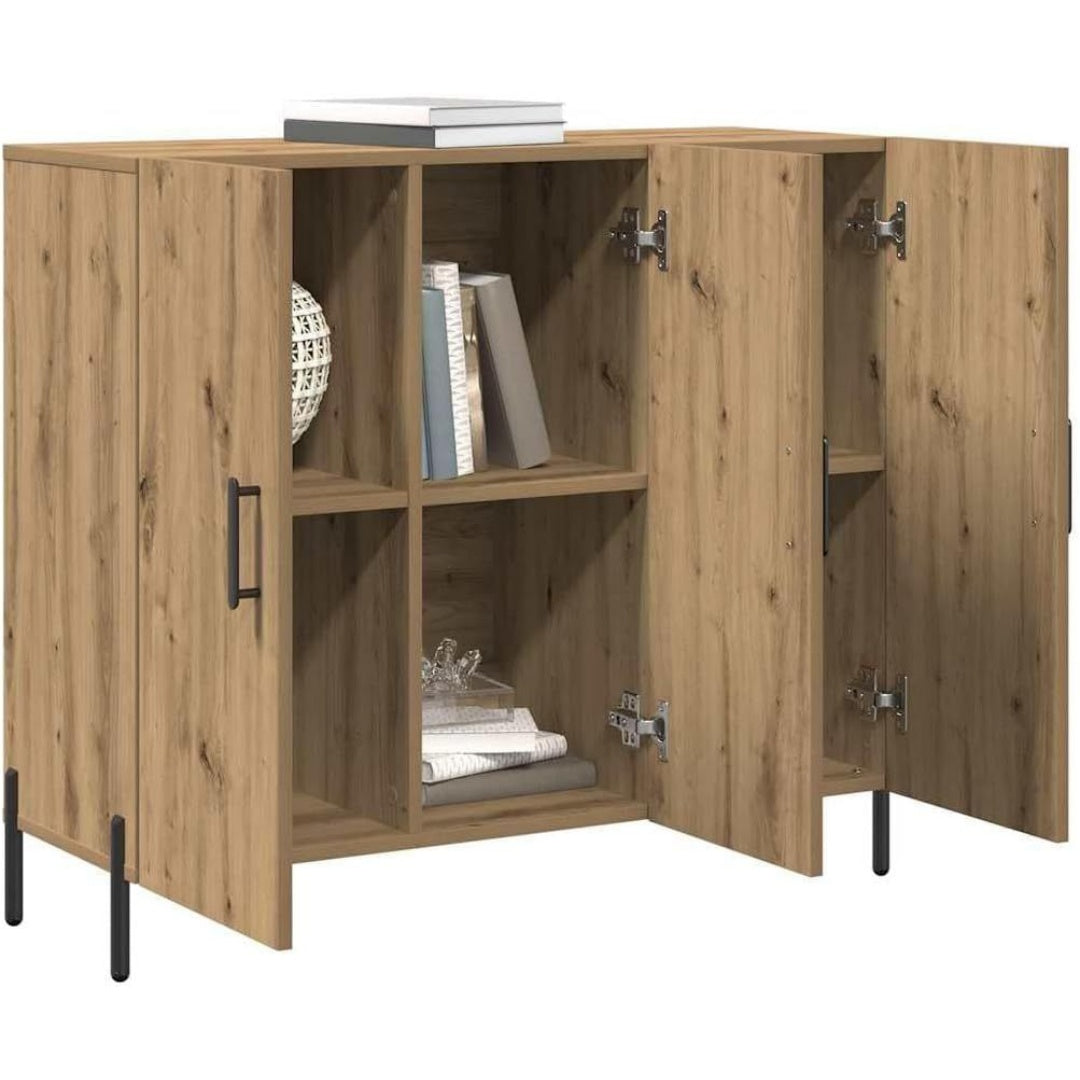 Un espace mieux organise grace a ce buffet avec portes, a l'aspect bois, finition chene et bois naturel