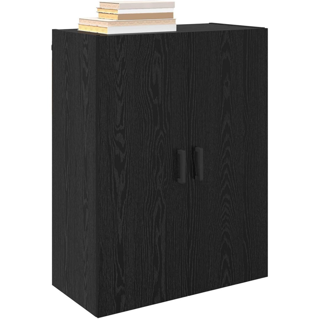 Une silhouette equilibree pour ce bibliotheque avec portes, a l'aspect bois, teinte noir et chene
