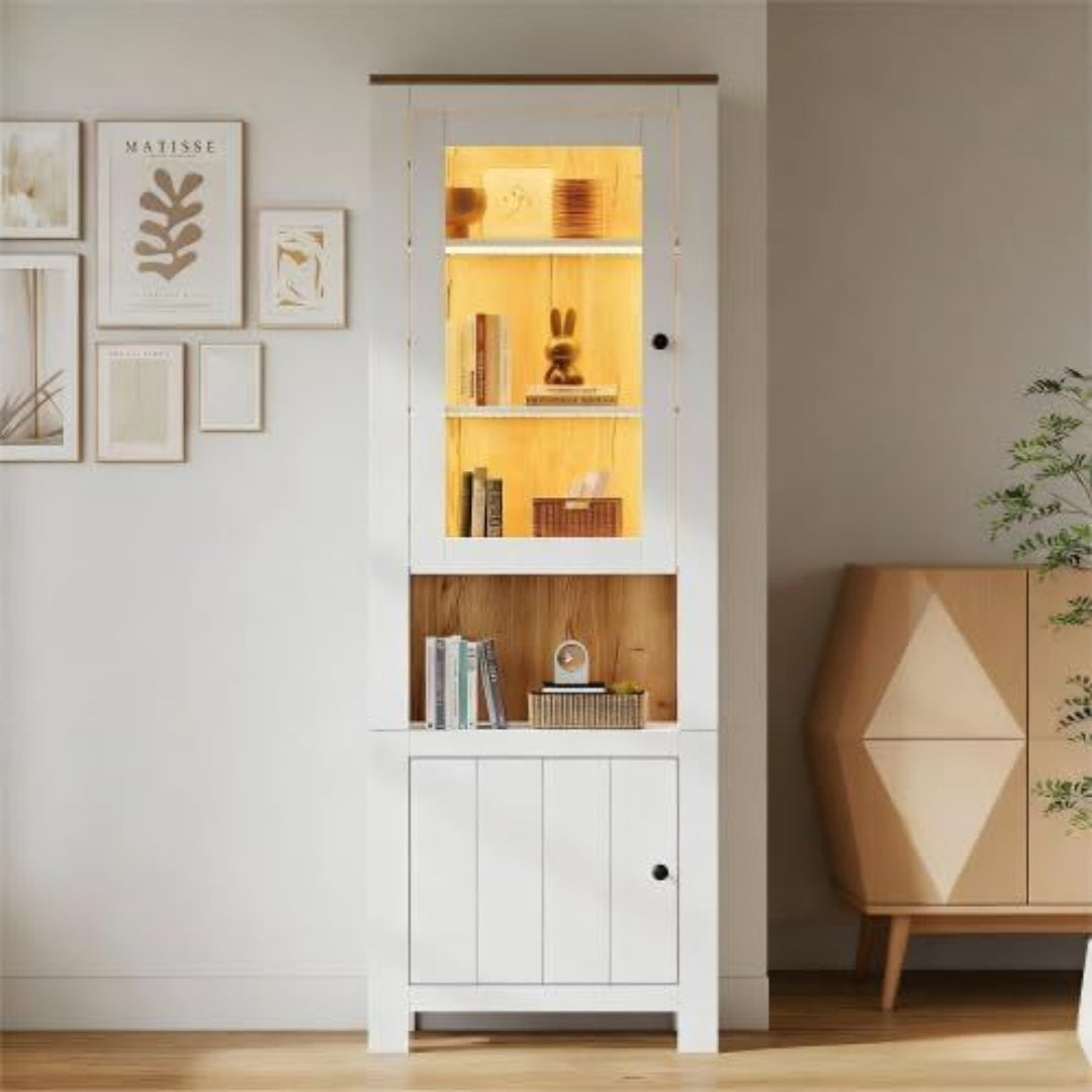 Le charme du rangement avec ce bibliotheque avec portes, avec etageres, coloris blanc et naturel