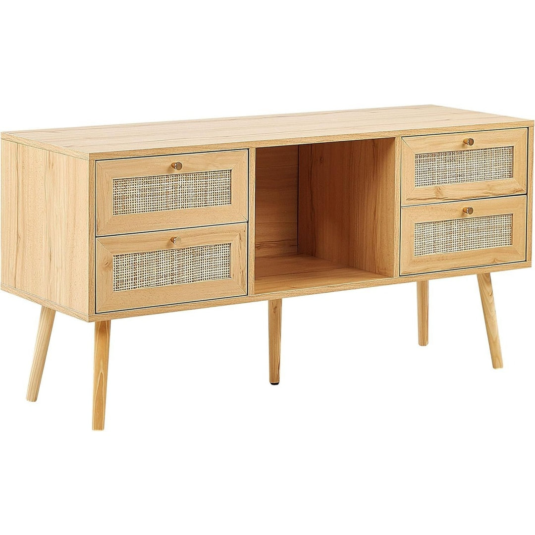 Un espace mieux organise grace a ce commode avec tiroirs, avec etageres, finition bois naturel et vert