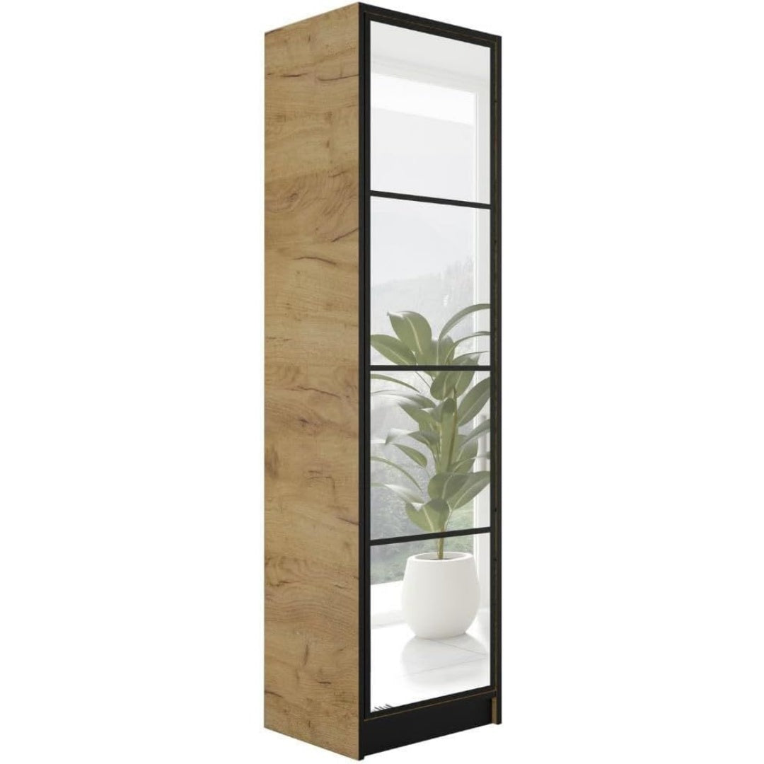 Le charme du rangement avec ce armoire avec portes, aux lignes contemporaines, coloris noir et chene
