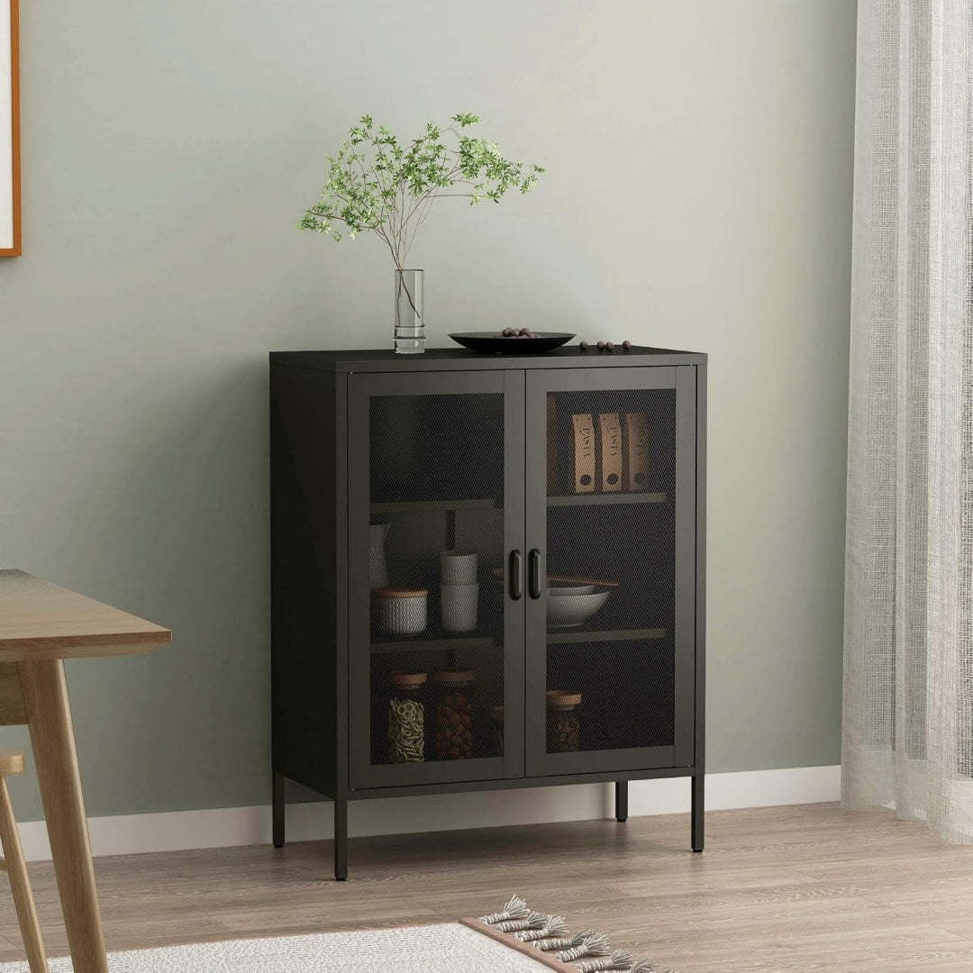 Un espace mieux organise grace a ce buffet avec portes, avec etageres, finition noir