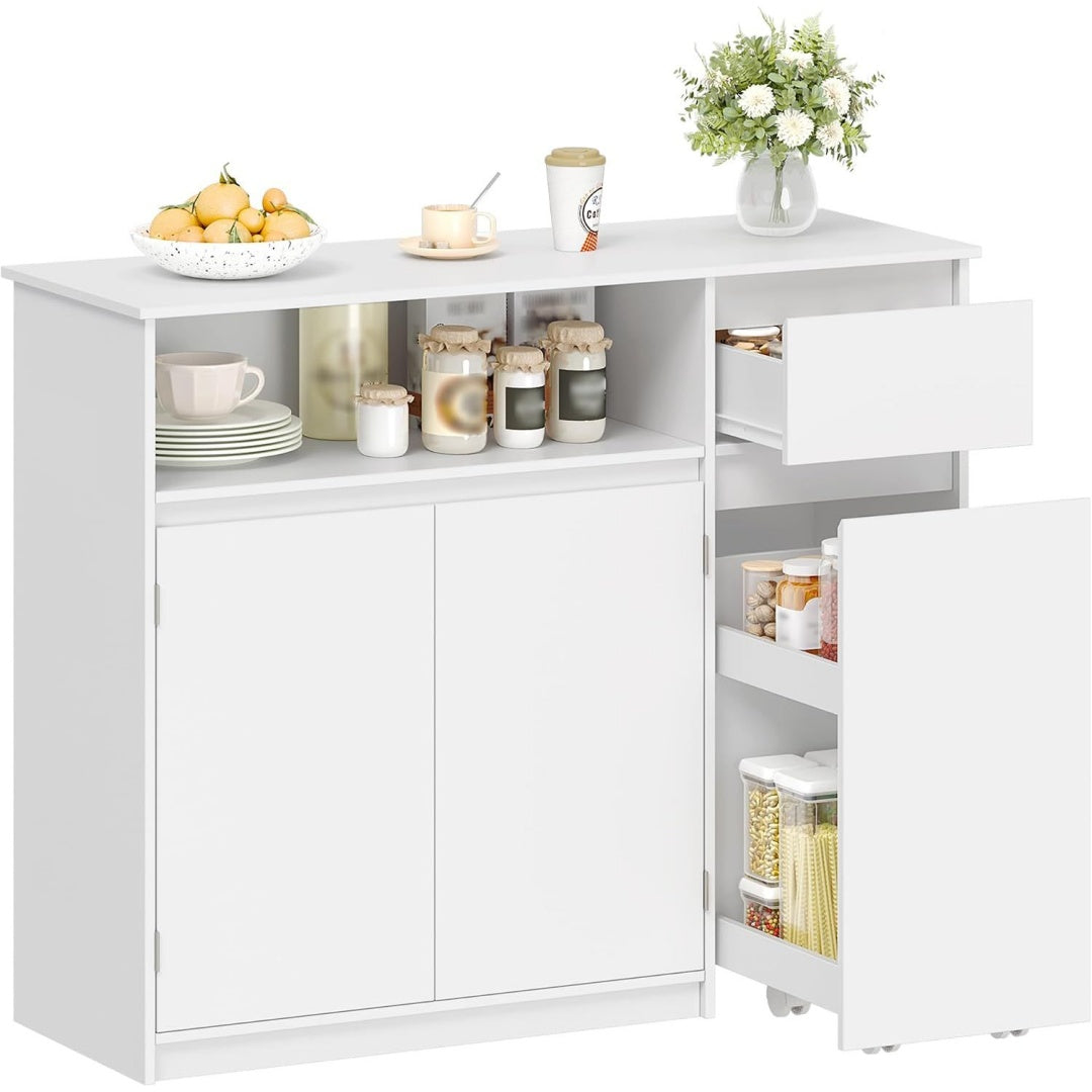 Le charme du rangement avec ce buffet avec tiroirs, avec etageres, coloris blanc et vert