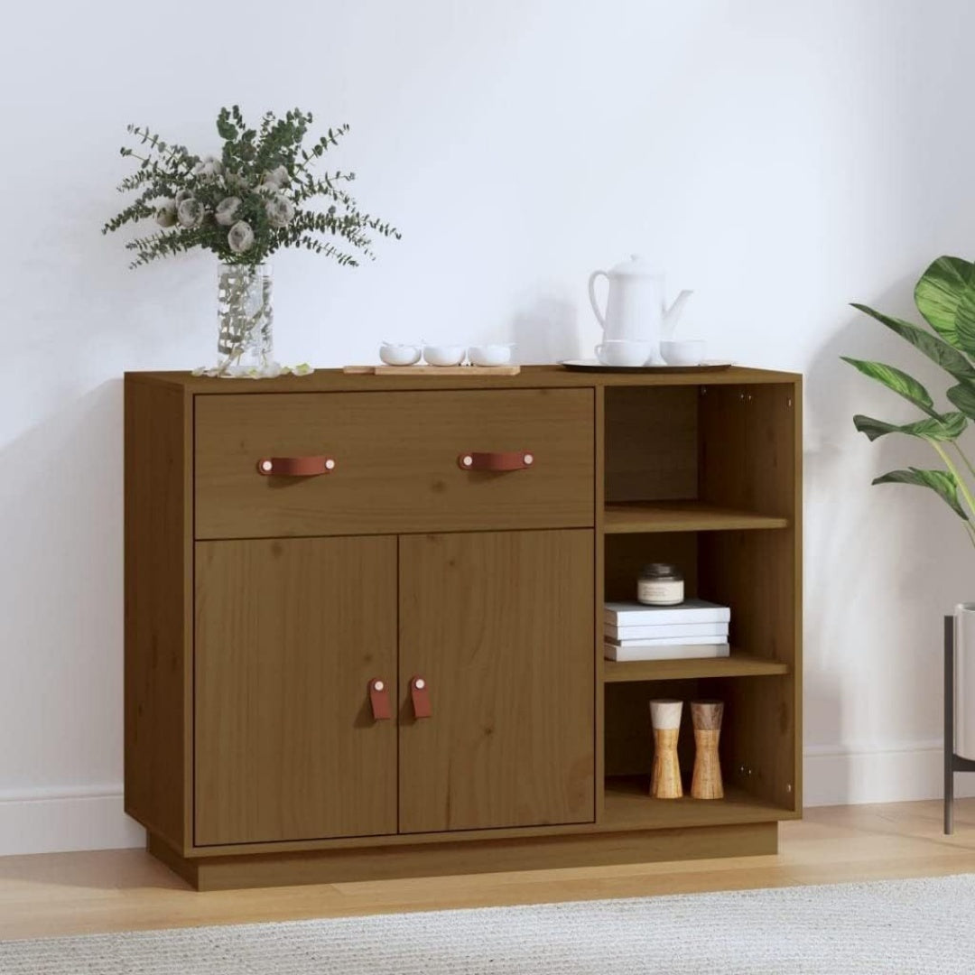 Une silhouette equilibree pour ce buffet avec tiroirs, avec portes, teinte marron et naturel