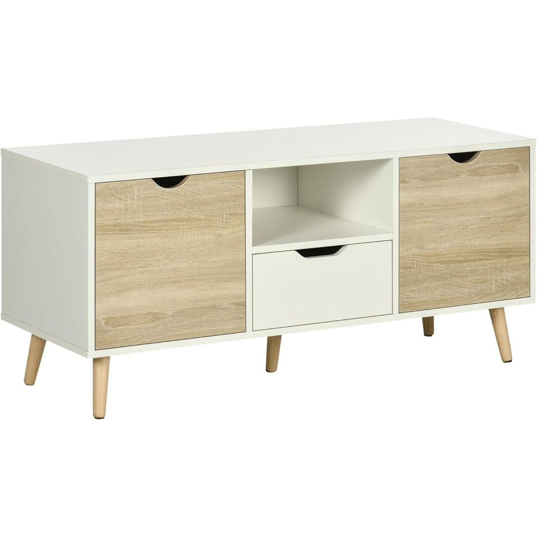 Le charme du rangement avec ce commode avec tiroirs, avec portes, coloris blanc et bois naturel