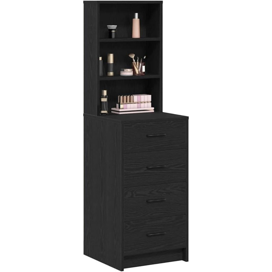 Le charme du rangement avec ce buffet a l'aspect bois, aux lignes contemporaines, coloris noir et chene