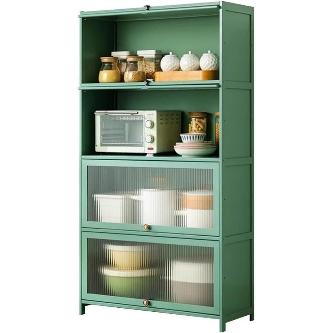 Pour un interieur harmonieux, buffet avec portes, avec elements vitres en finition naturel et vert