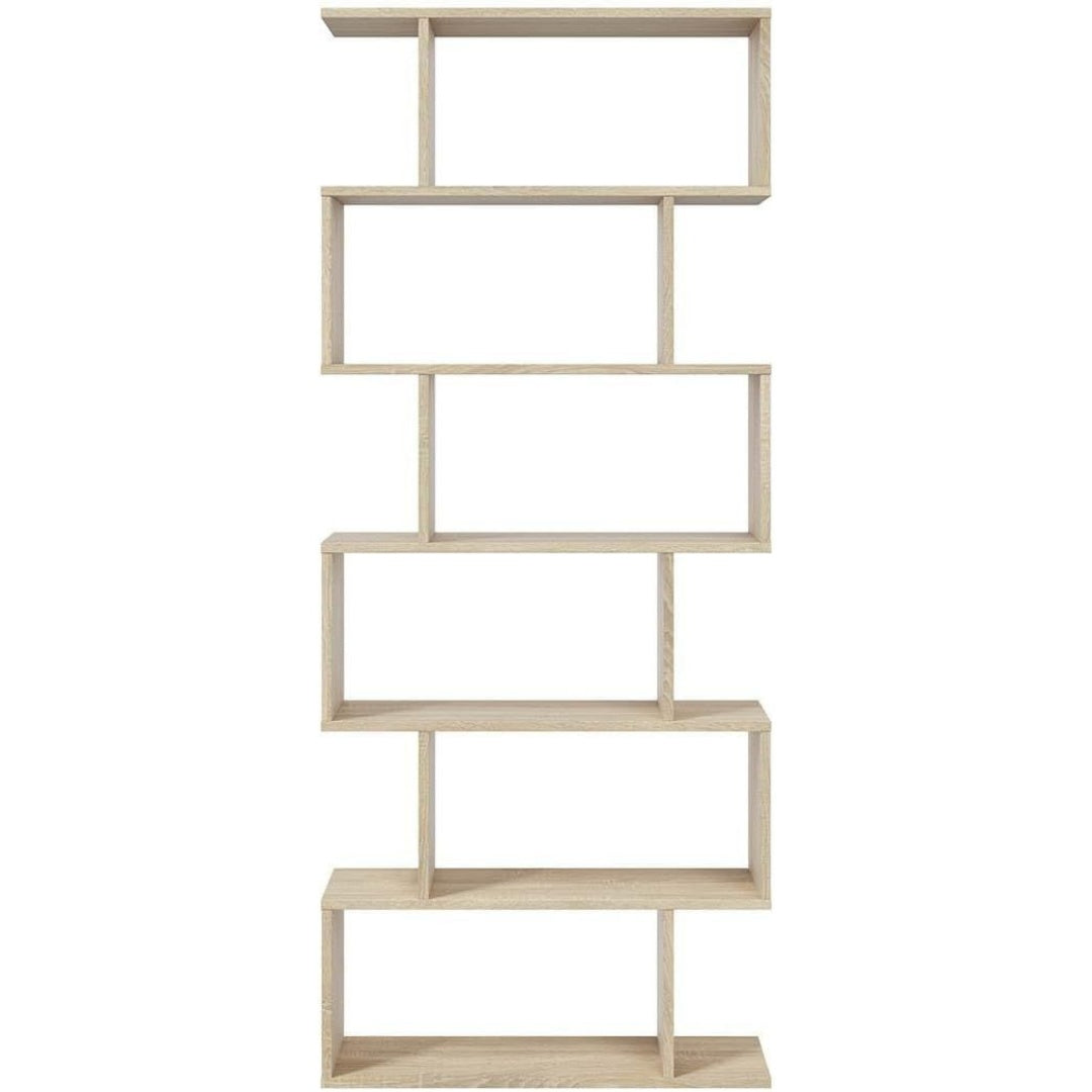 Une silhouette equilibree pour ce bibliotheque avec etageres, teinte chene