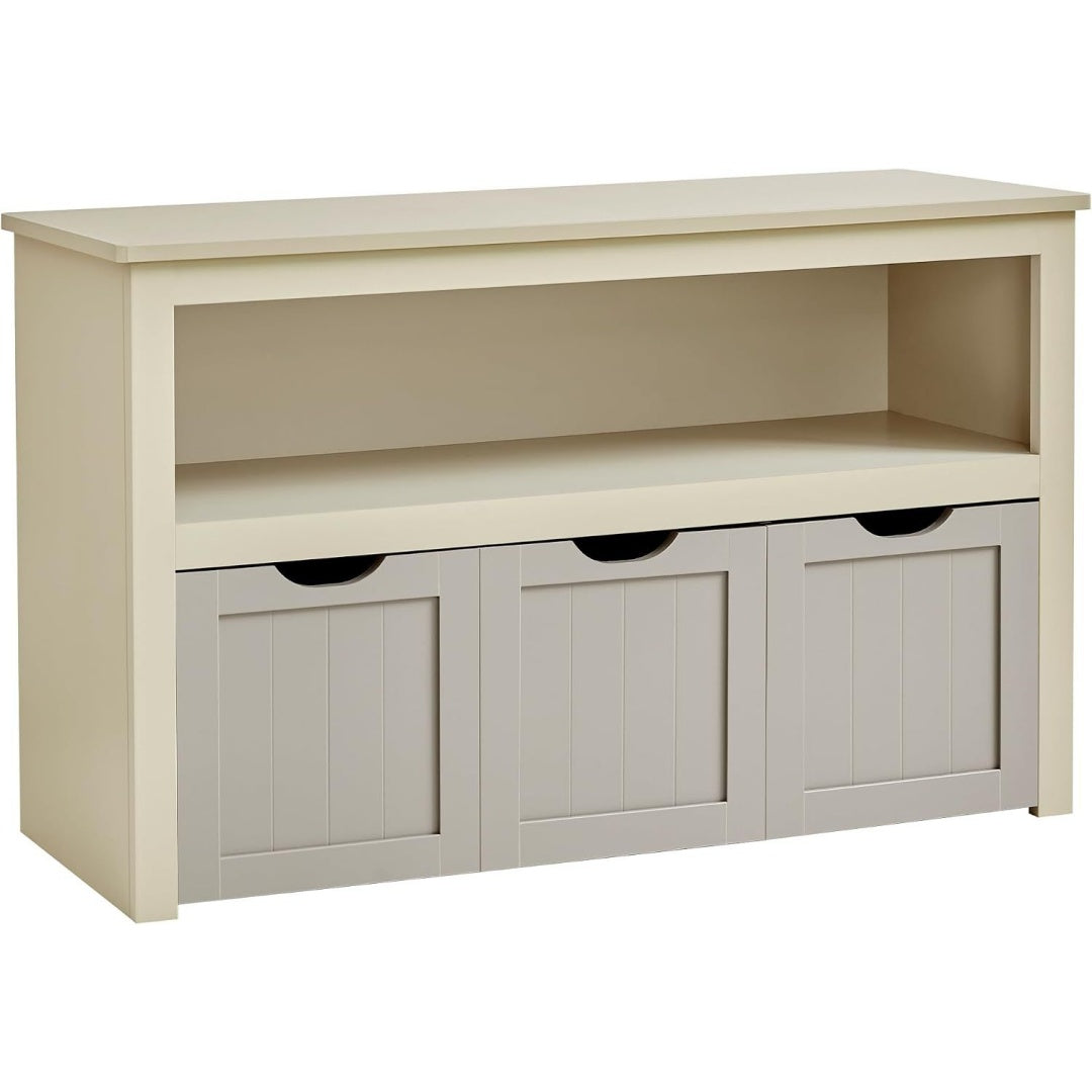 Le charme du rangement avec ce commode avec etageres, coloris beige et vert