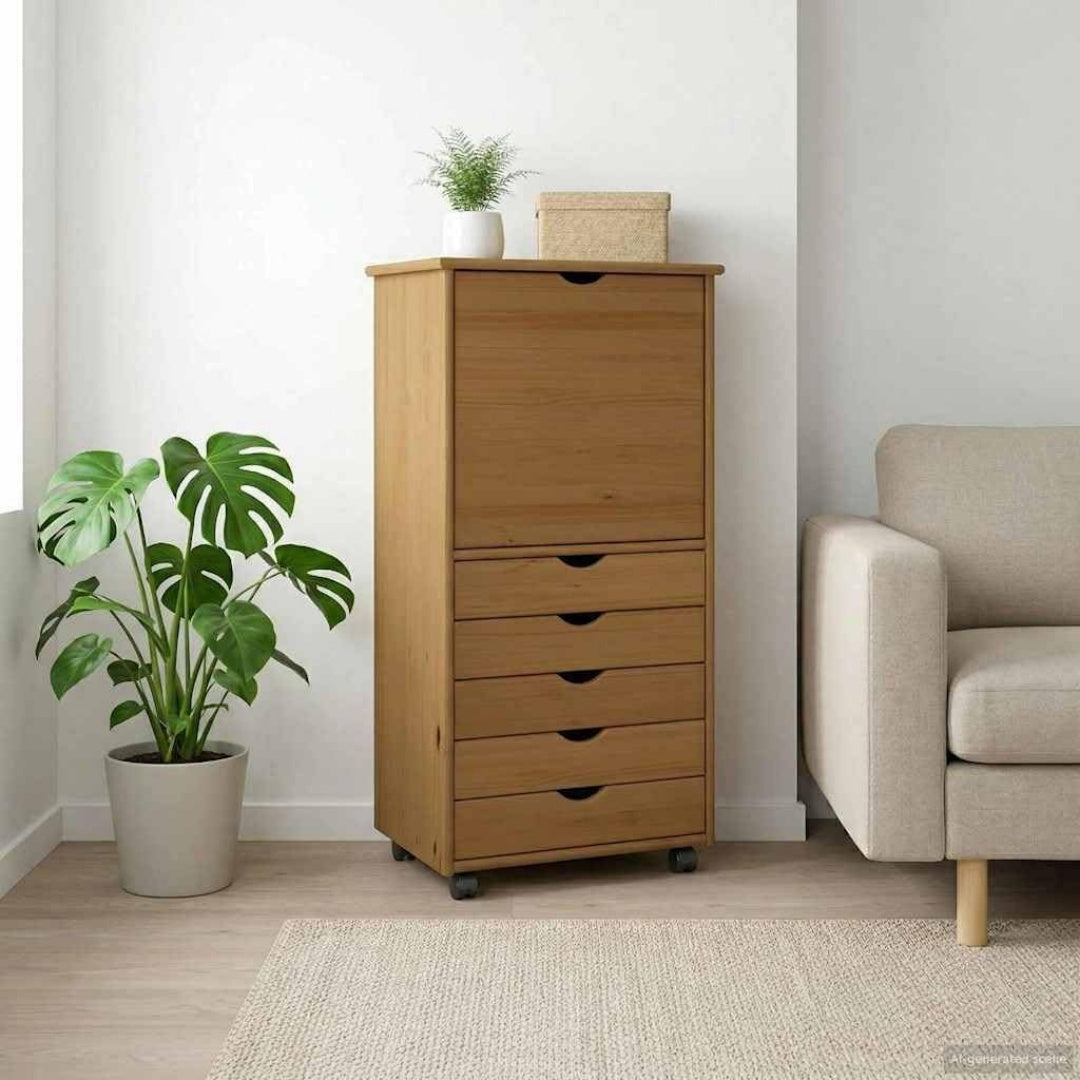 Un espace mieux organise grace a ce commode avec tiroirs, avec portes, finition marron et naturel
