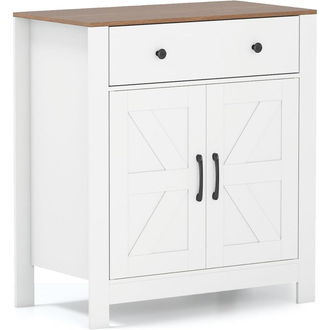 Une silhouette equilibree pour ce buffet avec tiroirs, avec portes, teinte blanc et naturel