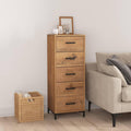 Une silhouette equilibree pour ce buffet avec tiroirs, aux accents metalliques, teinte bois naturel