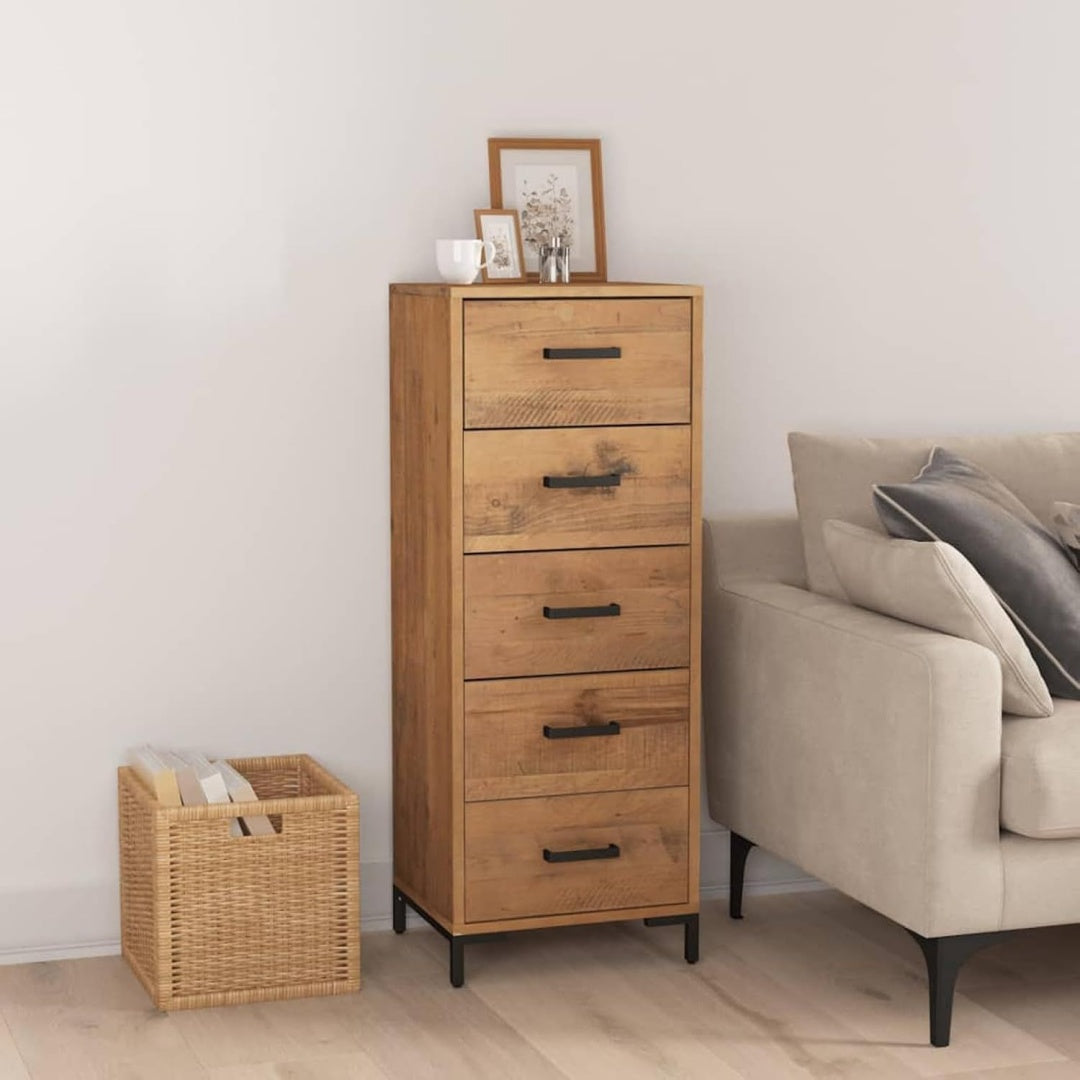 Une silhouette equilibree pour ce buffet avec tiroirs, aux accents metalliques, teinte bois naturel