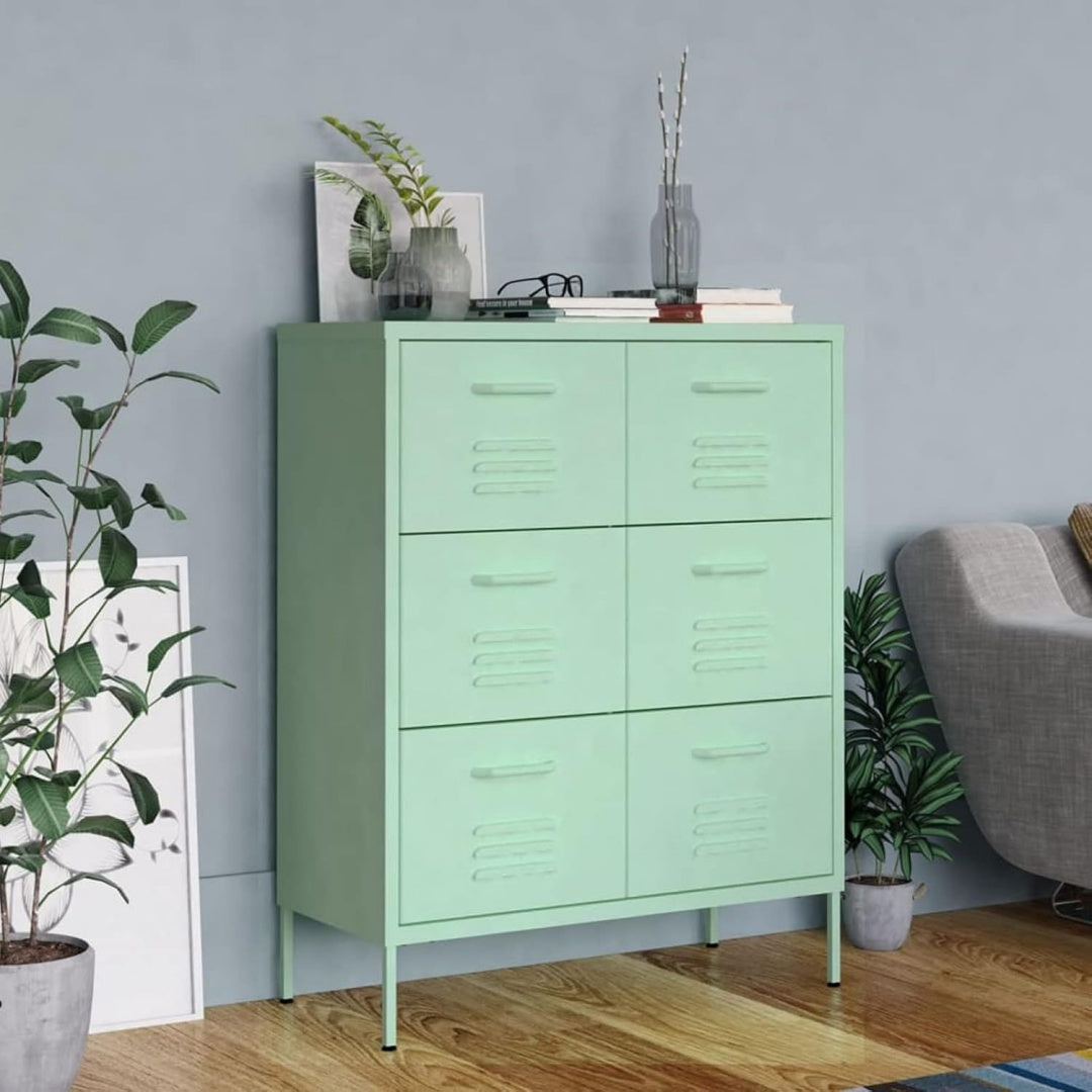 Le charme du rangement avec ce buffet avec tiroirs, coloris vert
