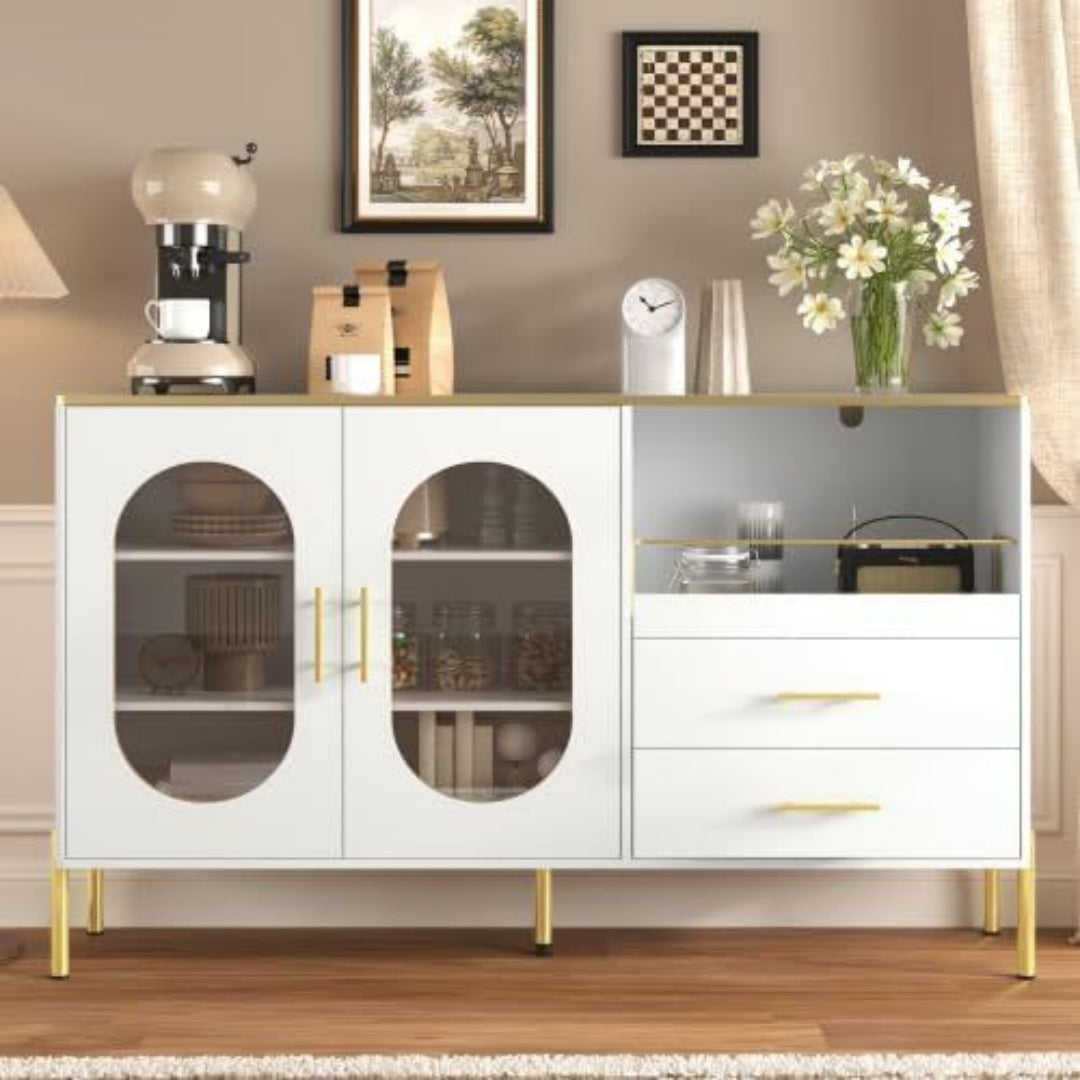 Un espace mieux organise grace a ce buffet avec tiroirs, avec portes, finition blanc et vert
