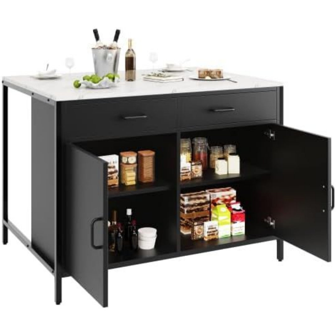 Une silhouette equilibree pour ce buffet avec tiroirs, aux accents metalliques, teinte noir et vert