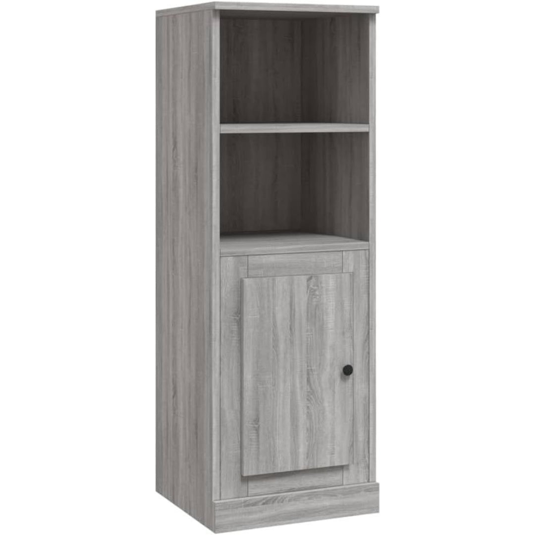 Un espace mieux organise grace a ce buffet a l'aspect bois, finition gris et bois naturel