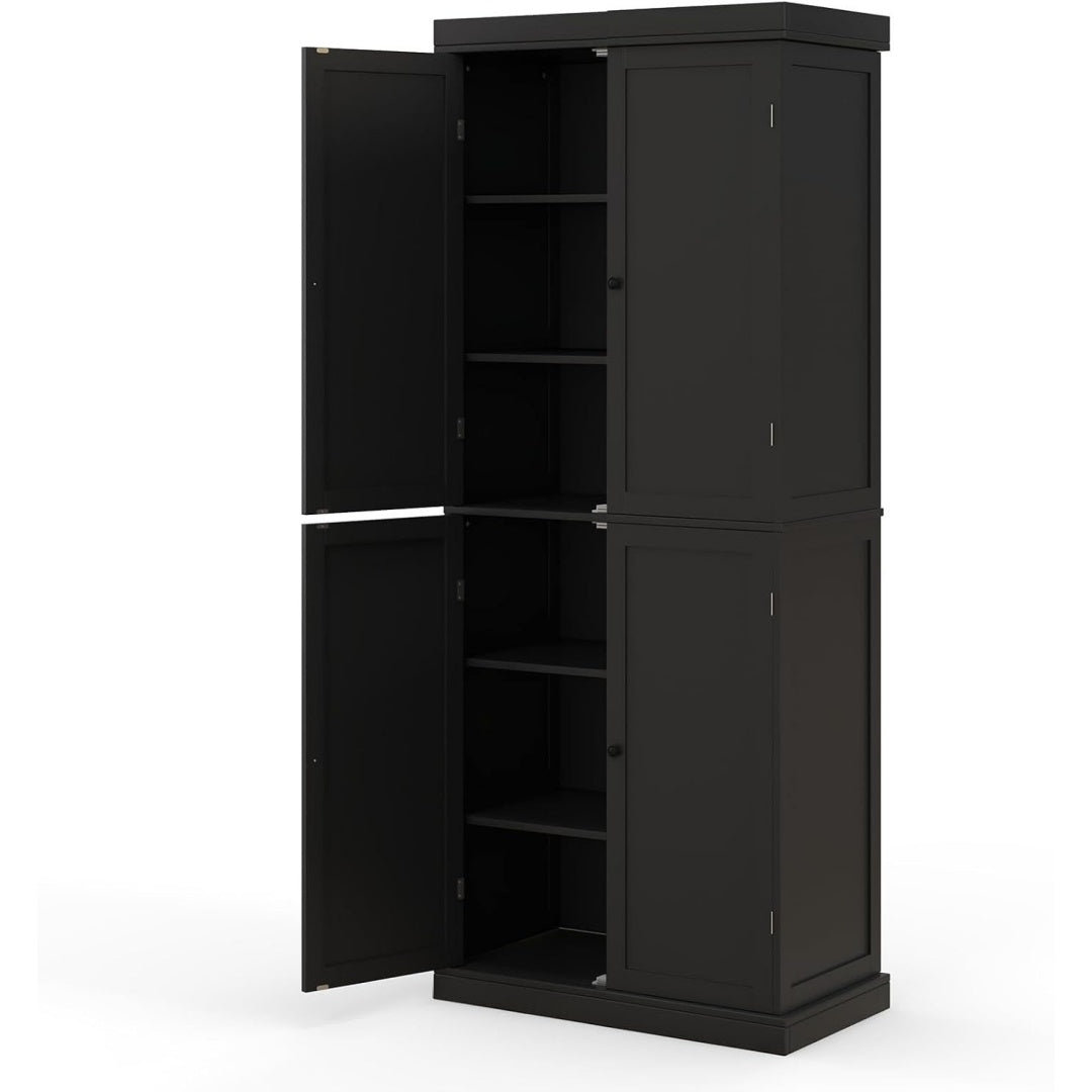 Un espace mieux organise grace a ce buffet avec portes, avec etageres, finition blanc et noir