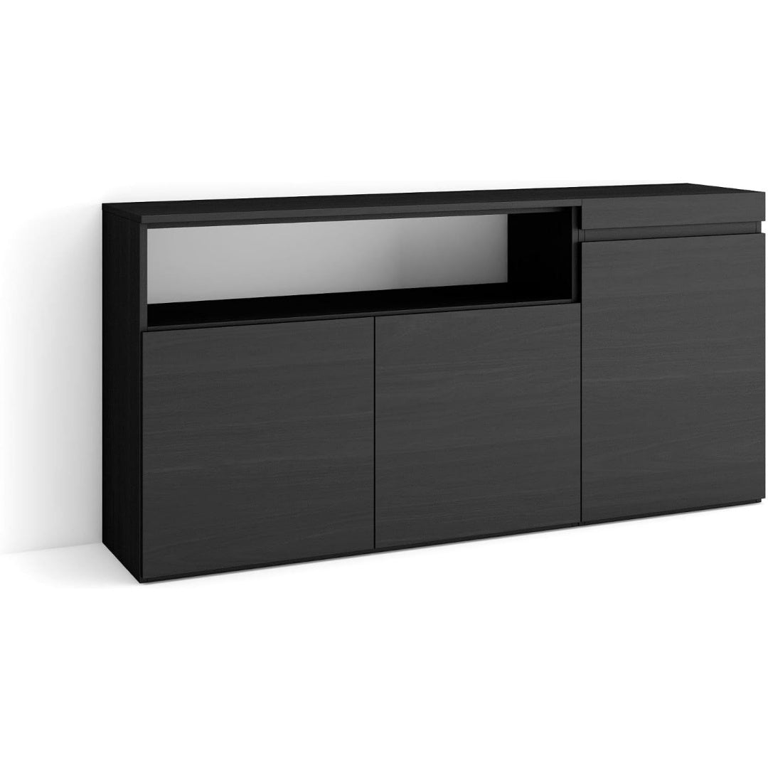 Une silhouette equilibree pour ce buffet avec portes, avec etageres, teinte noir et bois naturel