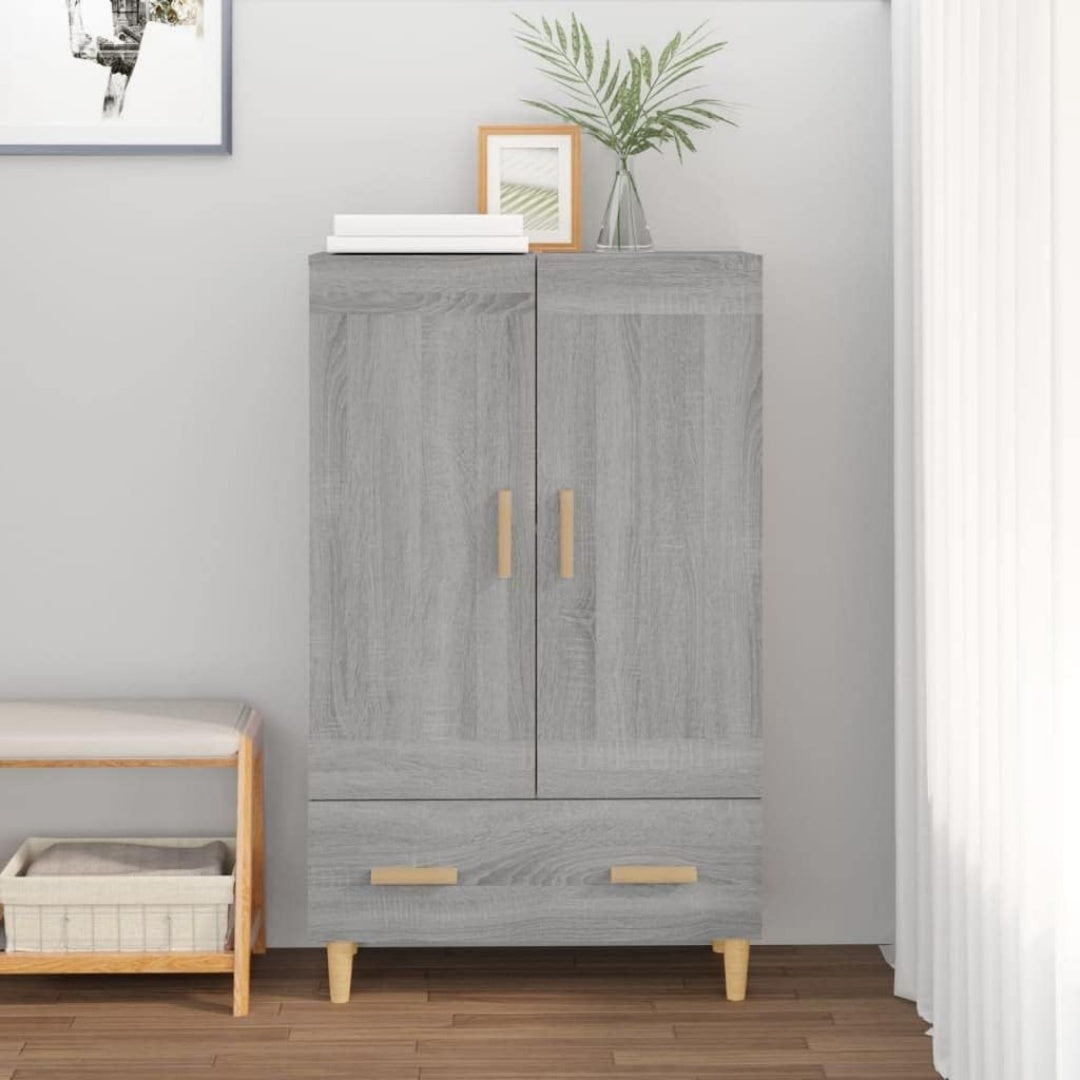 Une silhouette equilibree pour ce buffet avec tiroirs, avec portes, teinte gris et bois naturel